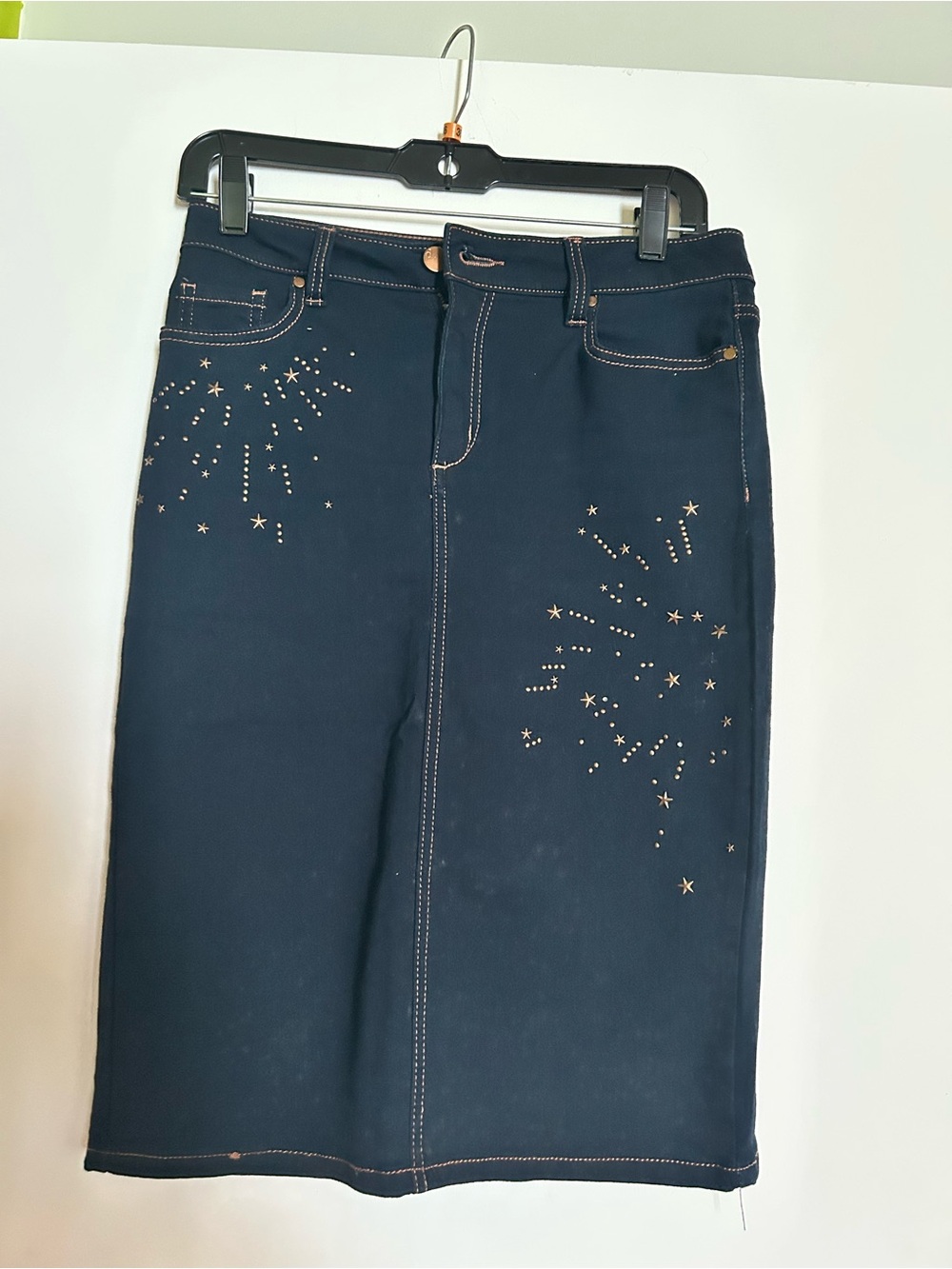 d. jeans Navy Pencil Skirt with Gold Star Accents